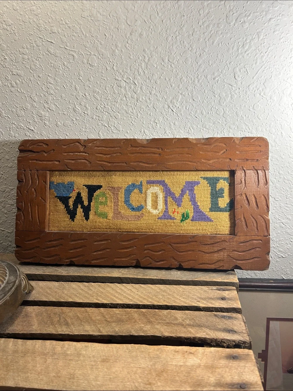 Welcome Sign Cross-Stitch Wall Accent in Multicolor